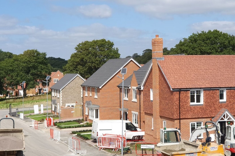 Solar streetlights at residential construction site