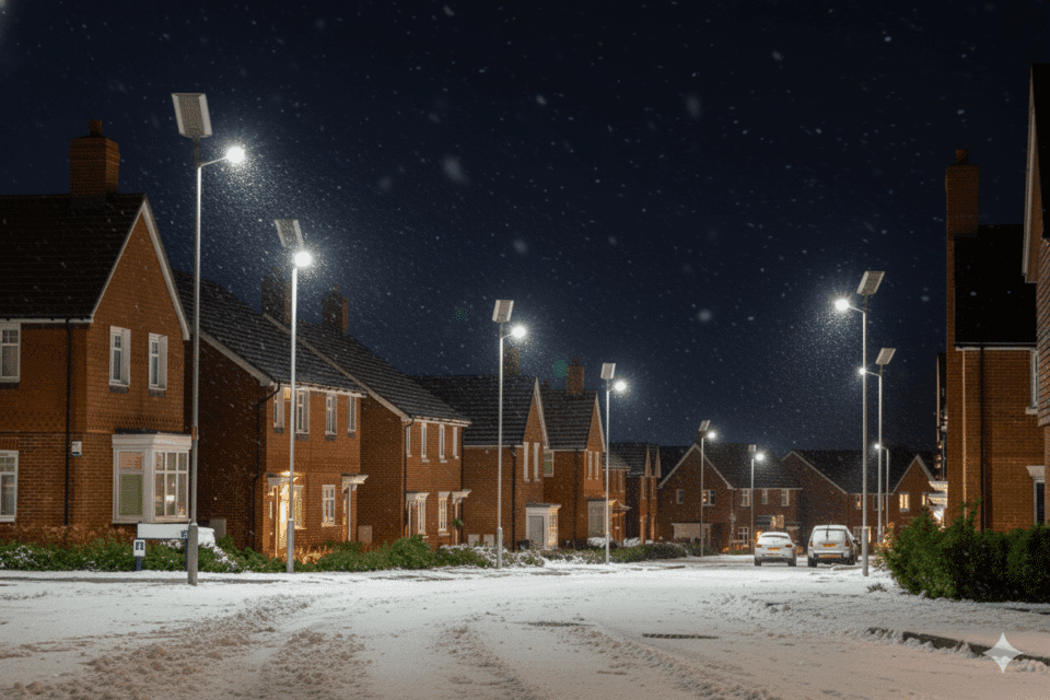 A snowy suburban street at night, illuminated by Prolectric Permanent Solar Street Lighting.