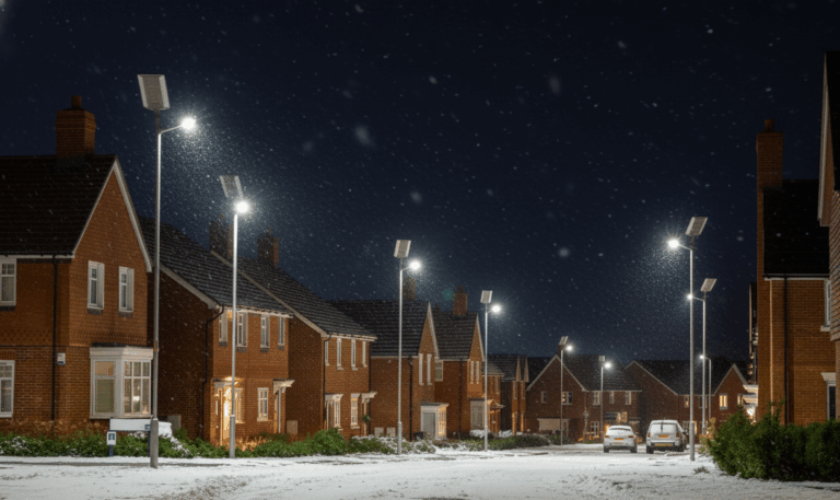 A snowy suburban street at night, illuminated by Prolectric Permanent Solar Street Lighting.