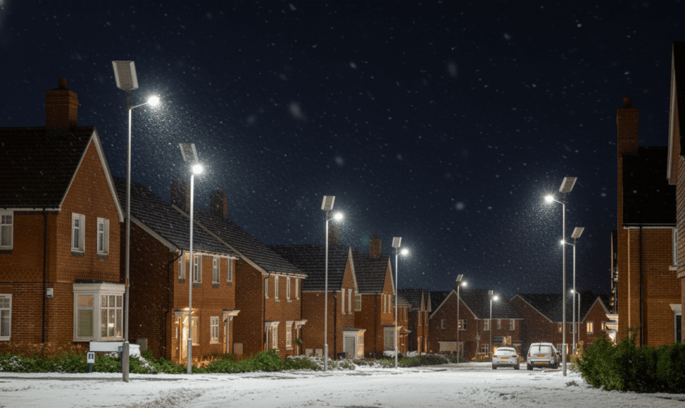 A snowy suburban street at night, illuminated by Prolectric Permanent Solar Street Lighting.