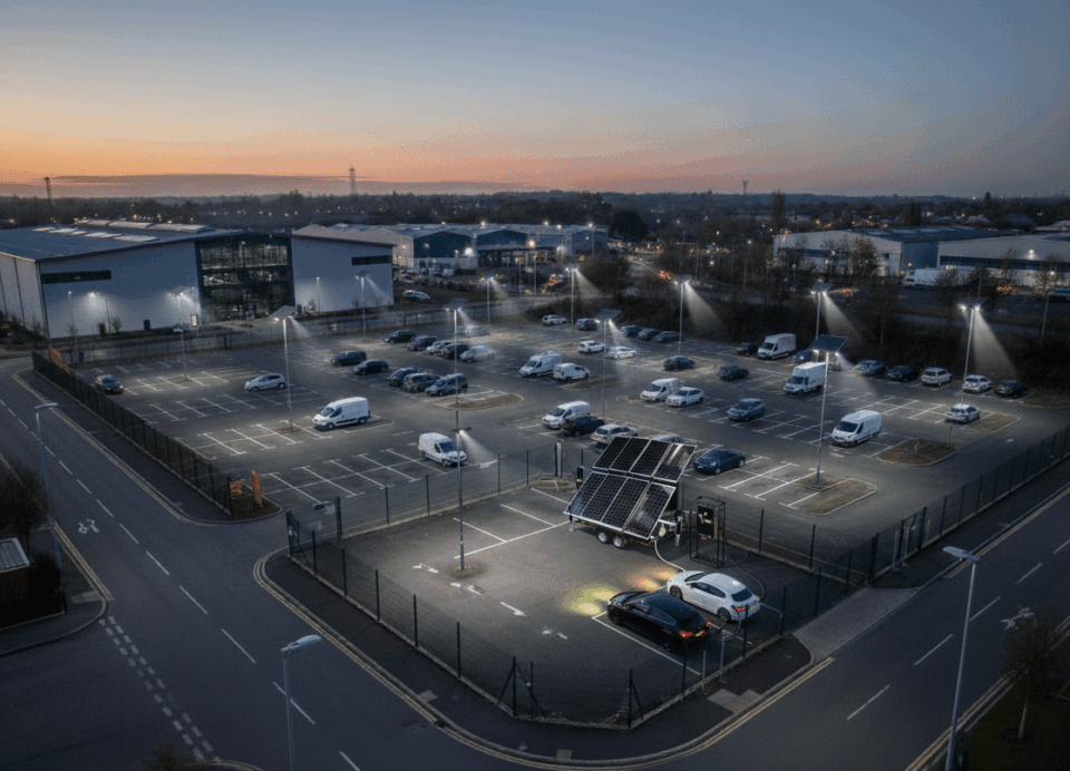 Aerial view of a large, well-lit car park on an industrial estate at dusk. Rows of cars and vans are parked under bright streetlights. In a designated area within the car park, there is a mobile solar-powered generator (ProPower) with multiple solar panels extended, and next to it, an EV charging box (IDEV) is connected to two electric vehicles (one black, one white). Private roads encircle the car park, and in the background, various industrial buildings are visible under a twilight sky.