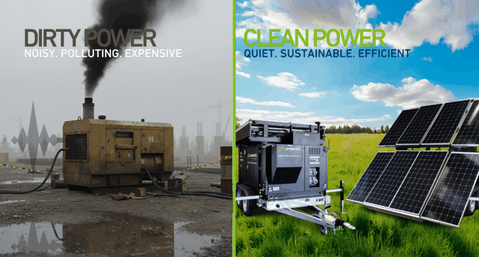 Contrast between dirty, smoke-emitting diesel power generation and clean, sustainable solar power generation from Prolectric.